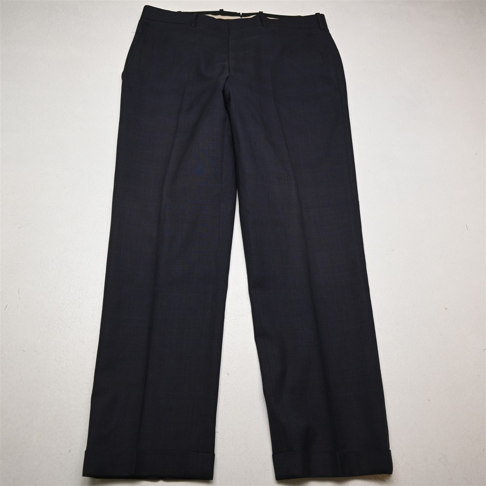 Tom James 34x32 Blue Glenn Check Wool Cuffed Flat Front Straight Dress Pants